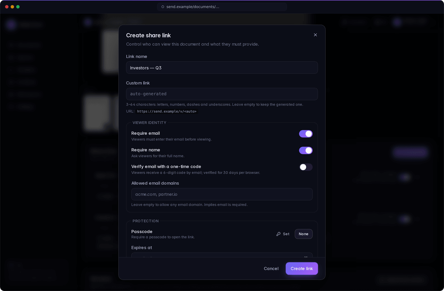 The settings of a share link: email required, NDA, watermark and expiry date