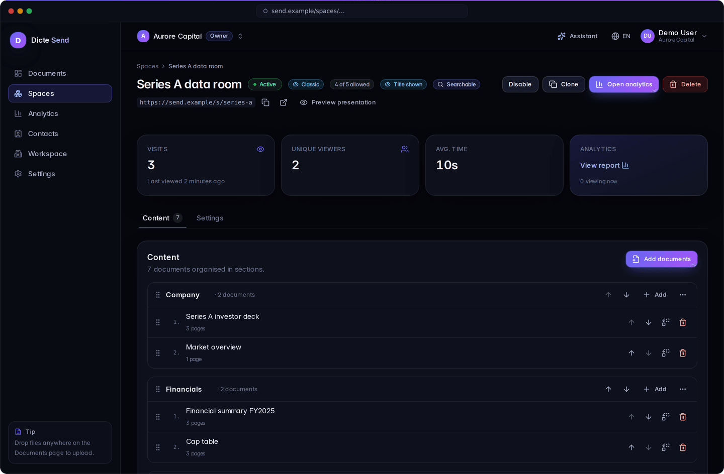 A data room editor with three sections and their documents